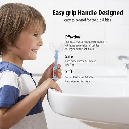 Kids U Shaped Toothbrush with Travel Case,Childrens Tooth Brush for Whole Mouth. Blue, Ages 2-6 Year