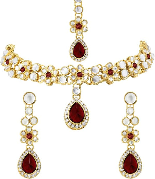 Aheli Traditional Gold Plated Kundan Beads Studded Choker Necklace Dangle Earrings & Maangtikka Set Ethnic Fashion Jewellery Gift for Women