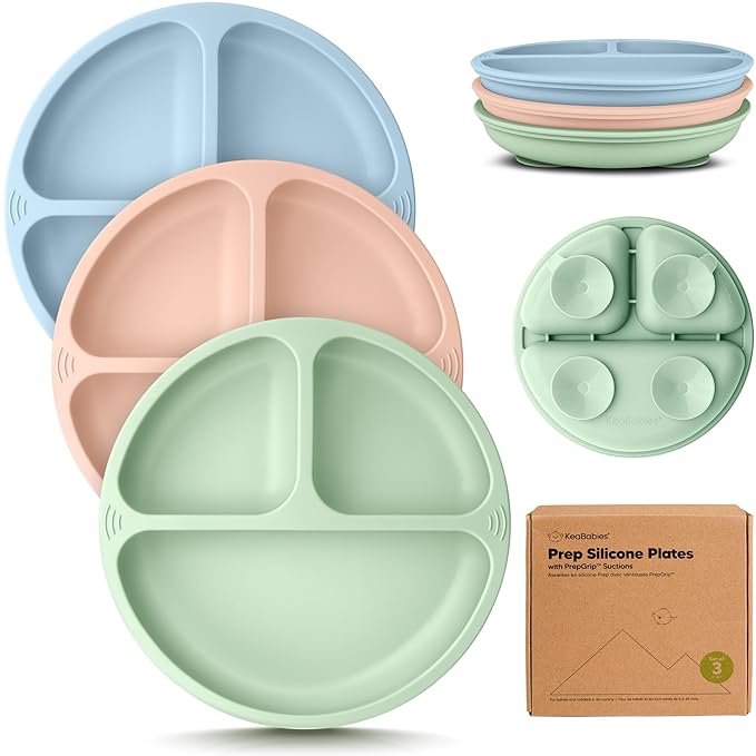KeaBabies Suction Plates for Baby, Toddler - 3-Pack 100% Silicone Toddler Plates, Divided Baby Plates with Suction, Silicone Plates for Baby, Kids, BPA-Free, Microwave, Dishwasher Safe (Mellow)