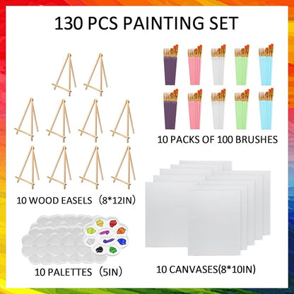 130 Pcs Art Painting Kit Supplies Set for Kids to Party - 10 Packs of 100 Brushes, 10 Wood Easels(8 * 12in), 10 Canvas Panels(8 * 10in) & 10 Palettes(5in), No Paint