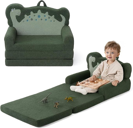 Blissful Diary Kids Couch, 2-in-1 Soft Toddler Couch Fold Out, Toddler Chair Comfy, Convertible Sofa to Lounger with Cute Dinosaur Designs, Dark Green