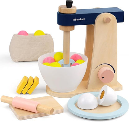 Kids Kitchen Playset, Wooden Toy Mixer with Toy Food, Toddler Baking Set Stand Mixer, Pretend Play Toy Blender for Boys and Girls Ages 3+