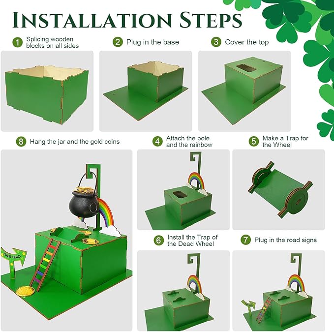 Bailiyake St. Patrick's Day Wood DIY Leprechaun Trap Kit St Patricks Day Party Decorations DIY to Catch a Leprechaun Trap Wood Craft Set for Classroom Home Rainbow Irish Shamrock Party Supplies