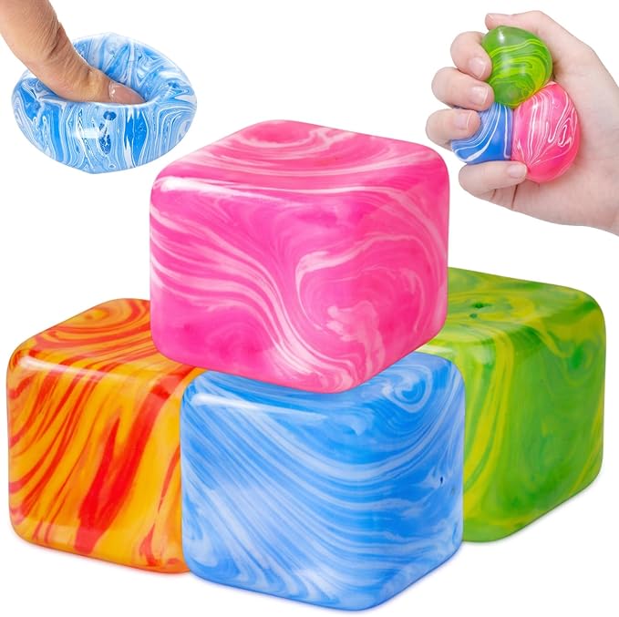 4 Pcs Fidget Stress Cube Bulk Ice Cube Stress Ball Anxiety Relief Soft Squeeze Sensory Ball for Party Favors Prizes Goodie Bag Stuffers (Pink,Blue,Green,Orange)