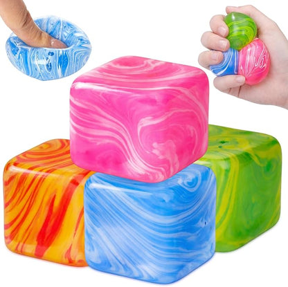 4 Pcs Fidget Stress Cube Bulk Ice Cube Stress Ball Anxiety Relief Soft Squeeze Sensory Ball for Party Favors Prizes Goodie Bag Stuffers (Pink,Blue,Green,Orange)
