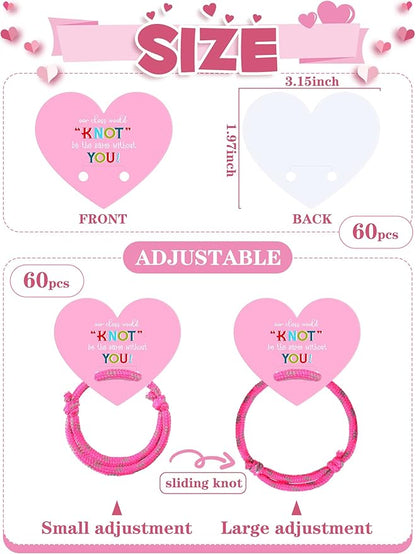 Junkin 60 Sets Valentine Knot Bracelets with Cards Our Class Will Knot Be the Same Without You Classroom Valentines Exchange Gifts Friendship Bracelets Cards for Kids Party Favors (Heart Card)
