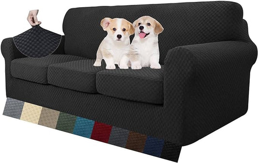 MAXIJIN 4 Piece Couch Covers for 3 Cushion Couch Super Stretch Non Slip Couch Cover for Dogs Pet Friendly Elastic Jacquard Furniture Protector Sofa Slipcovers (Sofa, Black)