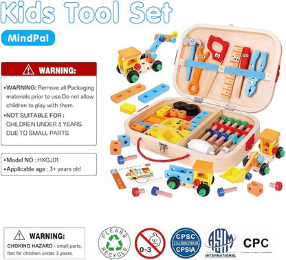 45 Pcs Kids Tool Set, Toddler Tool Set with Tool Box, STEM Construction Preschool Educational Toys for Age 3 4 5 6 7 Boys Girls, Wooden Tool Kits Toys, Christmas Birthday Present for Kids