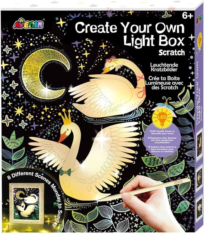 Avenir 6301434 Craft Set Luminous Scratching Pictures, DIY Light Box with Scratching Templates, Creative Set for Children from 6 Years, Scratching Art, Decoration