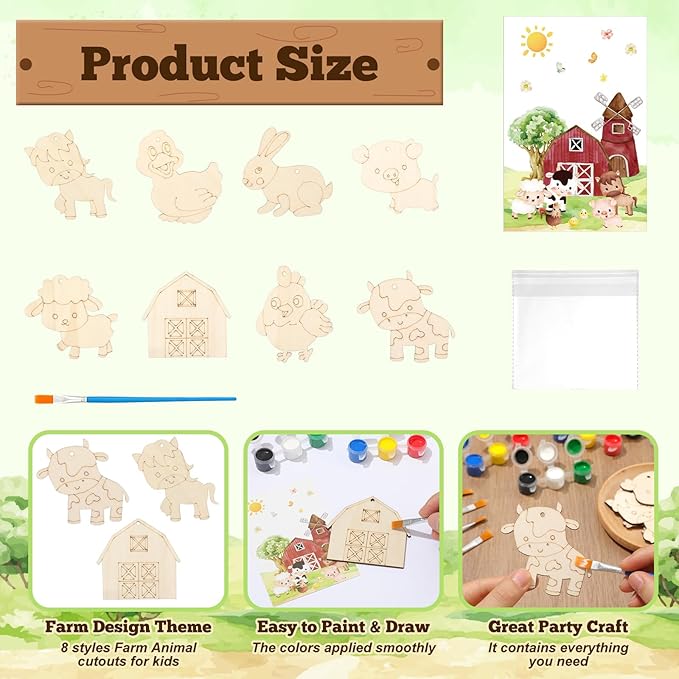 24 Pcs Farm Party Favors Wooden Painting Craft Kits Birthday Party Supplies with Organza Bag for Goodie Bags Fillers Adult Thank You Gifts