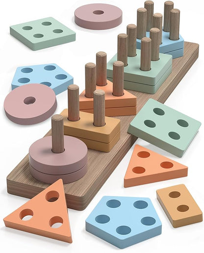 Montessori Toys for 1 2 Year Old Girl and Boy Birthday Gifts, Shape Sorter Wooden Toys for Toddlers Age 1-3 2-4, Learning Educational Sensory Stacking Easter Basket Stuffers Toy Toddler Puzzles