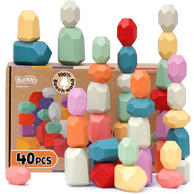 BUNMO 40pcs Wooden Stacking Blocks - Montessori Toys 3 Years Old - Educational Building Blocks for Fine Motor Skills - Fun Stacking Toys for 3+ Years Old Boys and Girls - Round Edges (Non Mouthable)