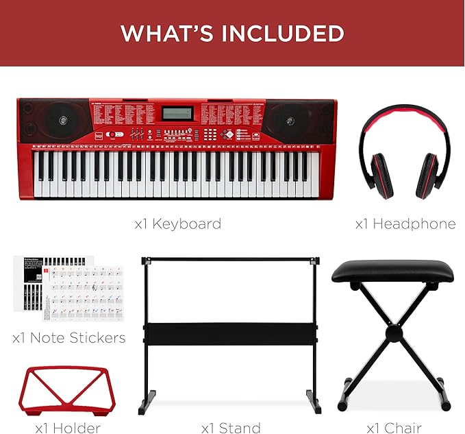 Best Choice Products 61-Key Beginners Complete Electronic Keyboard Piano Set w/Lighted Keys, LCD Screen, Headphones, Stand, Bench, Teaching Modes, Note Stickers, Built-In Speakers - Red