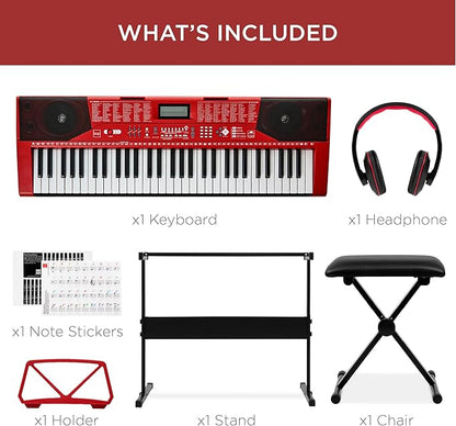 Best Choice Products 61-Key Beginners Complete Electronic Keyboard Piano Set w/Lighted Keys, LCD Screen, Headphones, Stand, Bench, Teaching Modes, Note Stickers, Built-In Speakers - Red