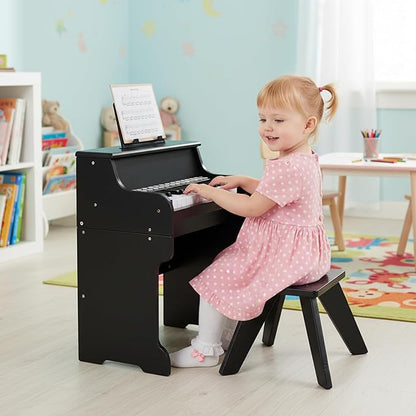 HONEY JOY Wooden Kids Piano, 25 Lighted Keys Kids Keyboard Piano w/Music Stand, Bench, Early Learning Educational Musical Instrument, Baby Music Toy for 3+ Years Old Toddlers Boys Girls (Black)