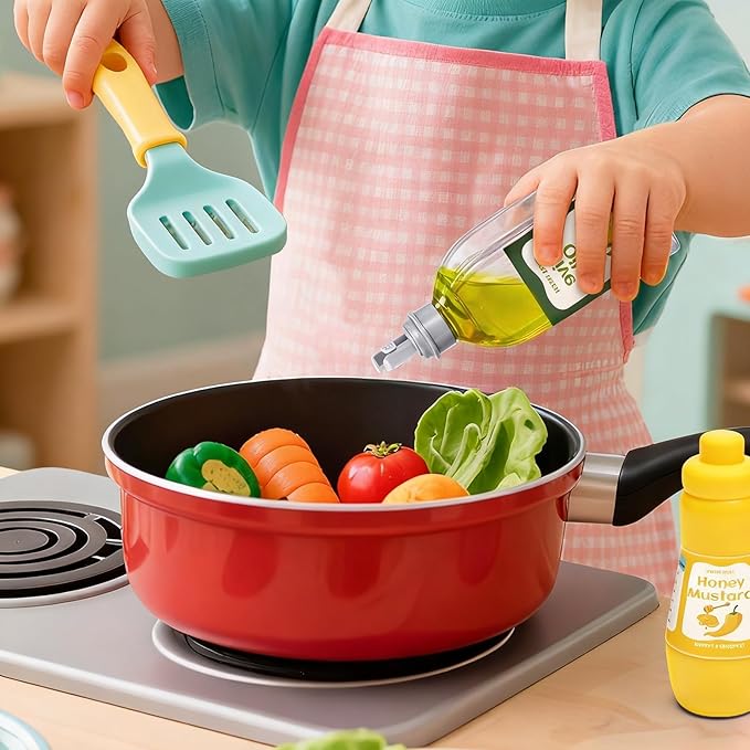 6 Pcs Condiment Toys with Storage Rack and Gift Box, Play Food Set for Kids Kitchen, Pretend Food Play Kitchen Accessories for Toddler, Preschool Learning Toys for Boy Girl, Pretend Grocery Store