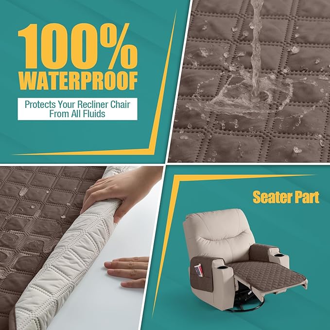 Ruaozz Waterproof Recliner Chair Covers Non Slip Chair Covers Recliner Seat Cover with Arms Washable Recliner Covers for Reclining Chair with Pocket, Covers for Recliner Chair (Brown, Small-22'')