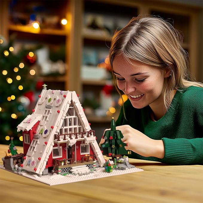 Christmas Art Log House Building Block Set with LED Lights, 2159 Pieces Christmas Toy Set, Christmas Scene, Santa Claus, Christmas Tree, Christmas Deer, for Adults, Boys and Girls