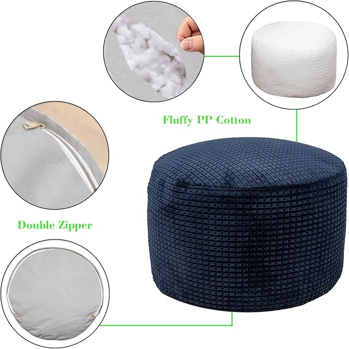 Pouf Ottoman Stuffed 20x20x12 Inches Floor Pouf Plush Fiber Ottoman Foot Rest Under Desk Foot Stool for Living Room Bedroom (Navy Blue Pouf with Filler)