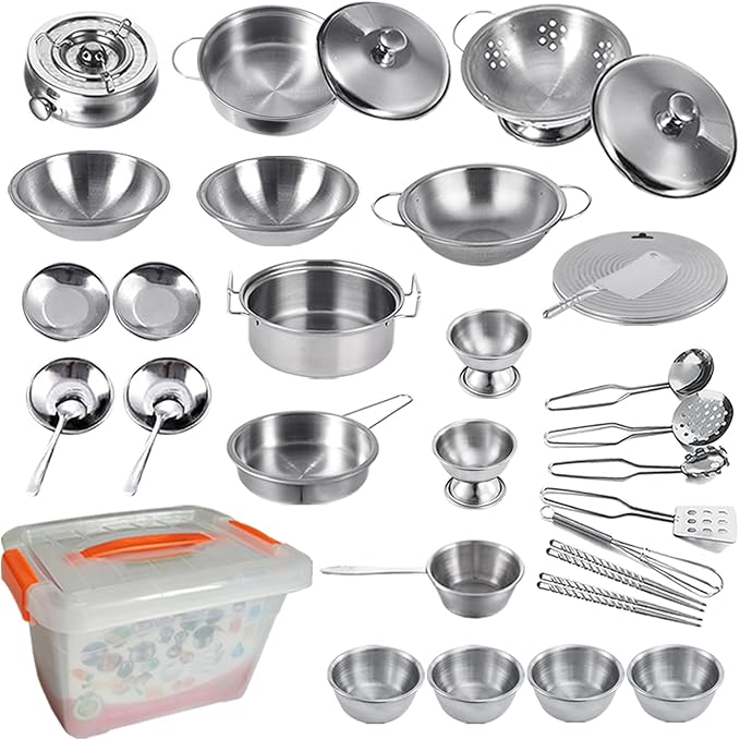 Tiny Classic Stainless Steel Kitchen Toys Cooking Utensils Set-Pretend Play Pots Pans Toy Cookware Kits for Kids Cooking Utensil Set Interactive Learning Role Play Educational Toys for Kids Mini Size