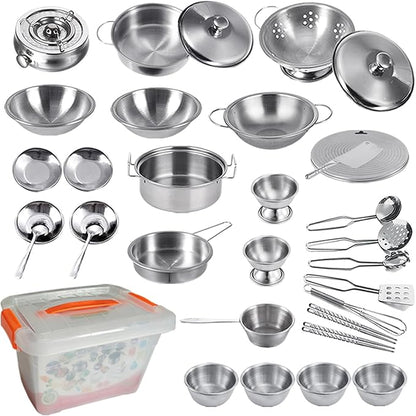 Tiny Classic Stainless Steel Kitchen Toys Cooking Utensils Set-Pretend Play Pots Pans Toy Cookware Kits for Kids Cooking Utensil Set Interactive Learning Role Play Educational Toys for Kids Mini Size