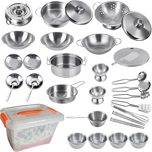 Tiny Classic Stainless Steel Kitchen Toys Cooking Utensils Set-Pretend Play Pots Pans Toy Cookware Kits for Kids Cooking Utensil Set Interactive Learning Role Play Educational Toys for Kids Mini Size