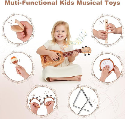 Kids Guitar Set - Musical Toys for 2 3 Year Old Boy Birthday Gifts, Montessori Toys for 2 Year Old Girls, Musical Instruments with Ukulele/Tambourine/Maracas for Toddler 2-4, Band Sets for Kids 3-5