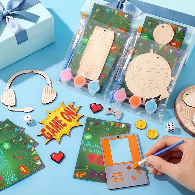 Saypacck 24 Pcs Video Game Party Favors Wooden Craft Kits Video Game Painting Craft Wooden Gaming Party Favor with Organza Bag for Birthday Goodie Bags Fillers Gifts