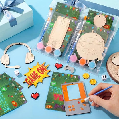Saypacck 24 Pcs Video Game Party Favors Wooden Craft Kits Video Game Painting Craft Wooden Gaming Party Favor with Organza Bag for Birthday Goodie Bags Fillers Gifts