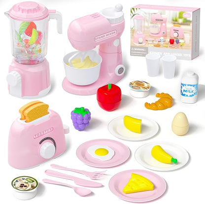 Kitchen Appliances with Food Toys, Toy Kitchen Set for Kids Play Kitchen Accessories Set, Blender,Mixer and Toaster. Girls Toys Ages 3-8