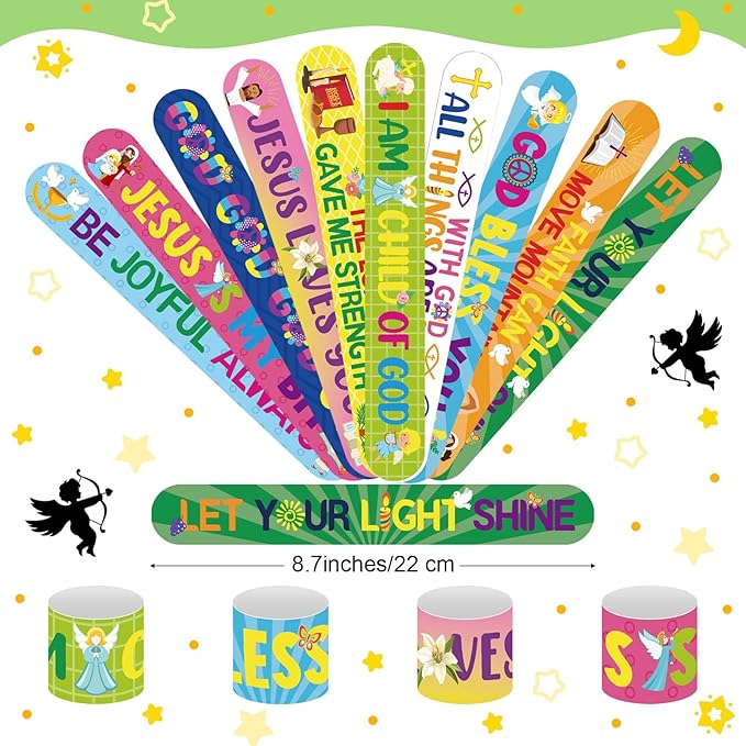 Frienda 10 Sets Christian Gift Bags Bulk Bible Verse Drawstring Bags with Jesus Slap Bracelets Religious Party Favors Gifts Jesus Loves You for Sunday School Classroom Prizes Party Supplies(Classic)