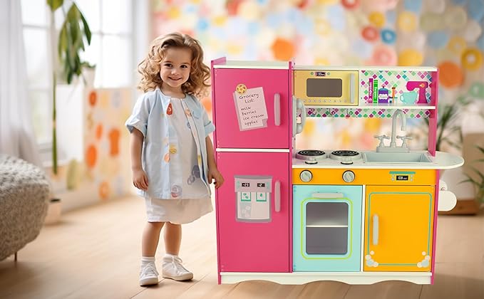 Kitchen Playset for Kids Ages 3-8, Wooden Pretend Play Kitchen, Including Telephone, Ice Maker, Refrigerator, Dimensions: 35” H x 31” W x 12” D (Colorful)