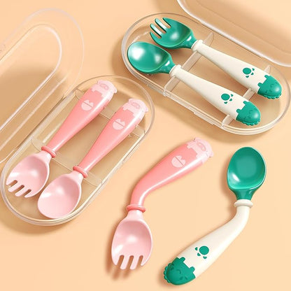 Deejoy Toddler Utensils with Travel Safe Case, Silicone Baby Spoons and Fork Set for Self Feeding, Toddlers Feeding Training Spoon, Easy Grip Heat-Resistant, Bendable Function (2 Sets, Green&Pink)