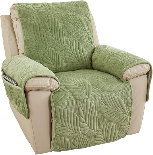 vctops Palm Leaves Velvet Plush Quilted Recliner Chair Cover Anti-Slip Super Soft Furniture Protector with Elastic Straps for Kids, Dogs, Pets, Green