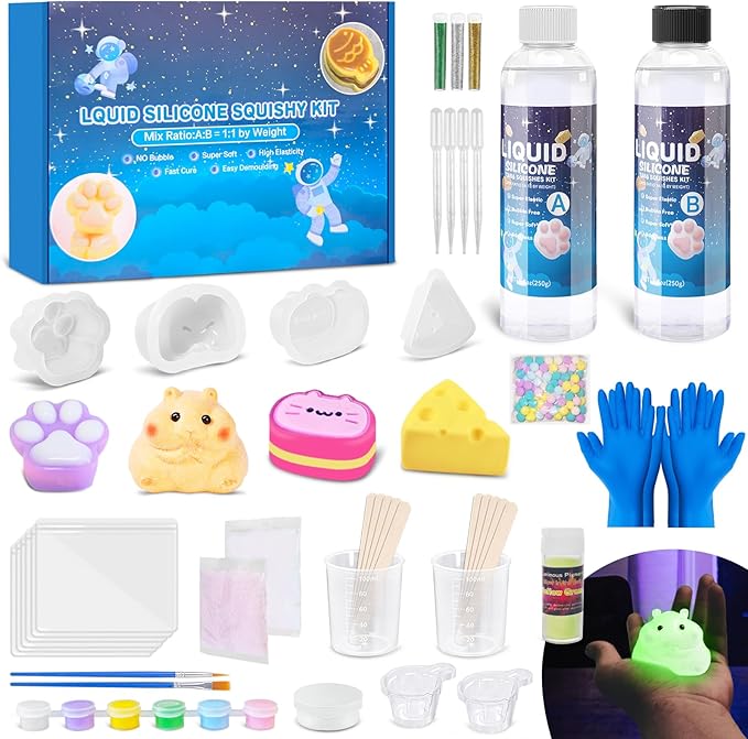 Taba Squishy Kit – 18oz 1:1 AB Liquid Silicone DIY Set with Paw, Cat, Cheese & Hamster Molds, Flocking Powder, Mixing Tools, Bubble-Free Texture – Make Your Own Squishies for Stress Relief & Fun