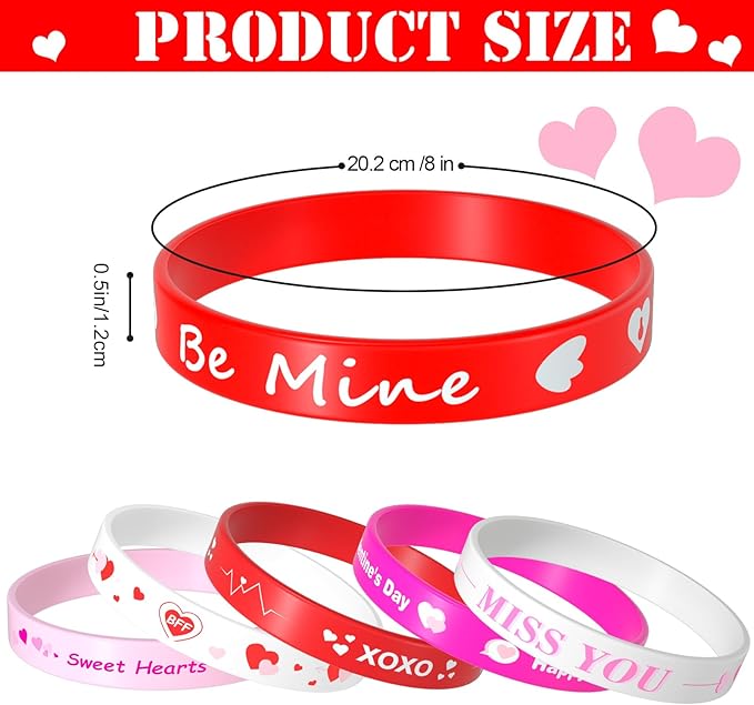 NEBURORA 16 Pieces Valentine's Day Silicone Wristbands Pink Red Heart Rubber Bracelets for Valentine's Gift Party Decoration Favors