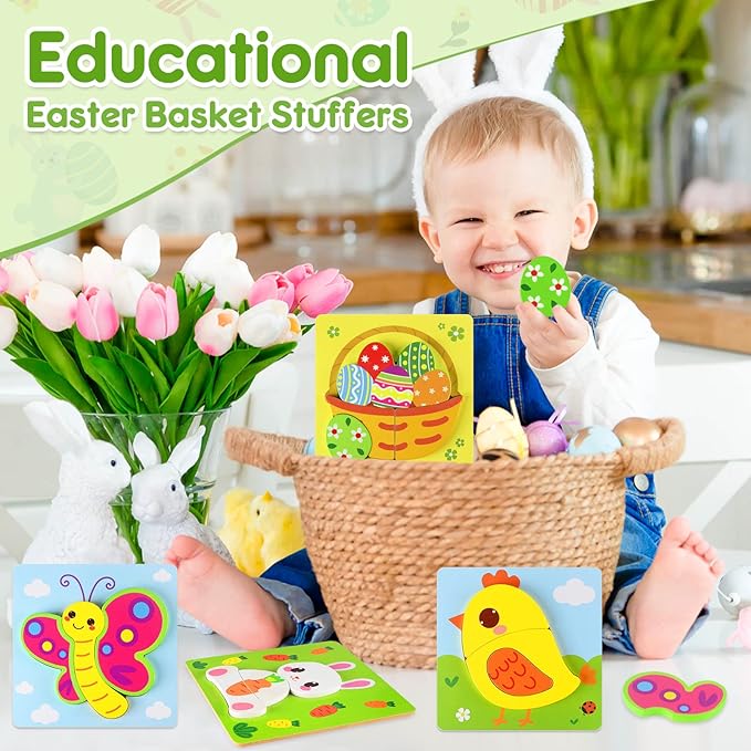 Easter Wooden Puzzles for Toddlers 1-3, Easter Basket Stuffers for Toddler, Easter Gifts for Babies Boys Girls, Easter Toys for 1 2 3 Year Old Learning, Educational Wood Animal Chunky Puzzles