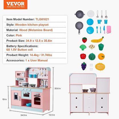 VEVOR Wooden Play Kitchen Toy, Play Kitchen for Kids with Lights and Sounds, Toddler Kitchen with Ice Maker, Oven, Sink, Microwaves, Fridge and Utensil and Fruit Accessory for Toddlers Ages 3-8, Pink