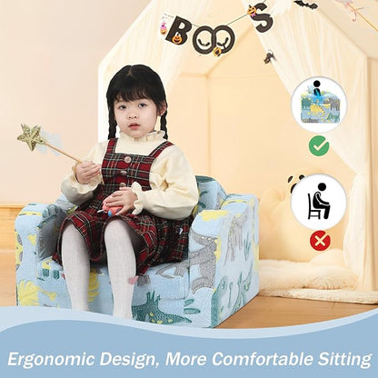 MeMoreCool Glow in The Dark Dinosaur Toddler Couch, Foldable Plush Kids Recliner Chair, Baby Lounge Sofa, Fold Out Couch for Boys Ages 1-3 (Blue)