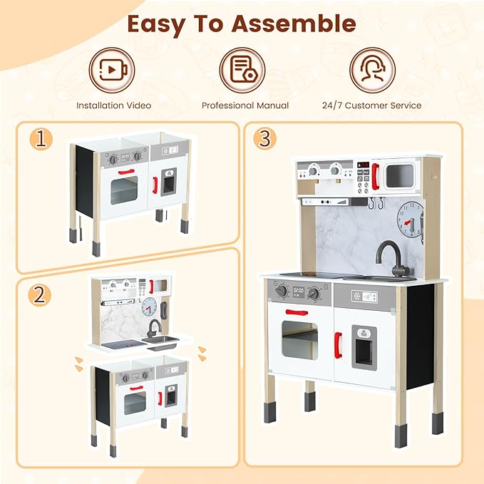 Play Kitchen Wooden Kids Kitchen Playset Pretending Toys for Toddlers with Real Lights & Sounds, 3 Heights Adjustable, Chalkboard, 35Pcs Toy Food & Cookware Accessories-Gray