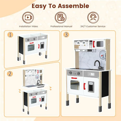 Play Kitchen Wooden Kids Kitchen Playset Pretending Toys for Toddlers with Real Lights & Sounds, 3 Heights Adjustable, Chalkboard, 35Pcs Toy Food & Cookware Accessories-Gray