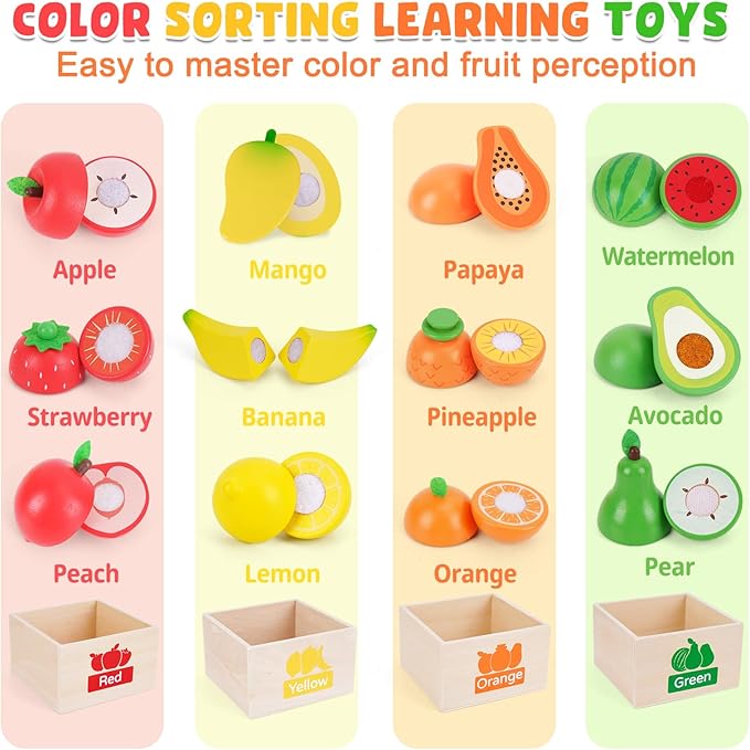 Fruit Sets - Kids Learning Toys for Toddlers 1-3, Play Kitchen Accessories Pretend Play Toys, Play Food Sets for Kids Kitchen, Wooden Fruit Preschool Toys for Girl Boy Christmas Birthday Gifts