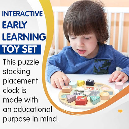 LEO & FRIENDS Shape Sorting Clock - 1 to 12 Removable Number Blocks Included, Learn How to Tell Time, Premium Wooden Educational Toy, Fun Puzzle Stacking and Sorting for Children Ages 3+