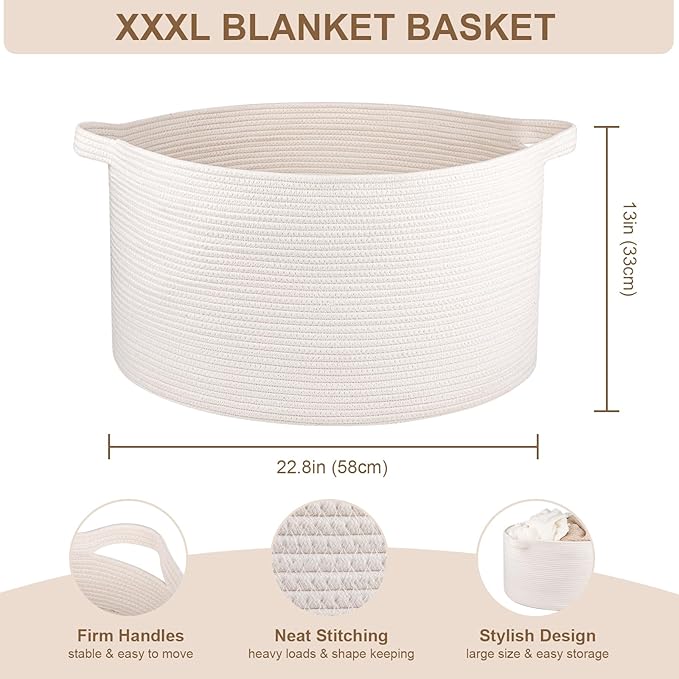 OIASKET Large Woven Baskets for Storage, 22.8" x 22.8" x 13" Blanket Storage Living Room, Baby Toy Basket for Clothes, Pillows, Towels, Shoe Basket for Entryway (White)