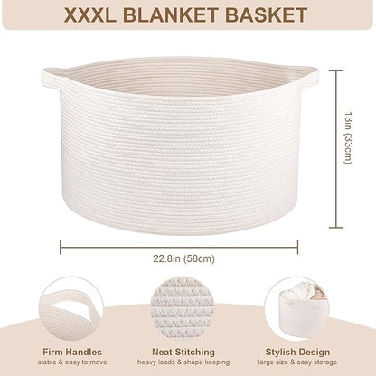 OIASKET Large Woven Baskets for Storage, 22.8" x 22.8" x 13" Blanket Storage Living Room, Baby Toy Basket for Clothes, Pillows, Towels, Shoe Basket for Entryway (White)