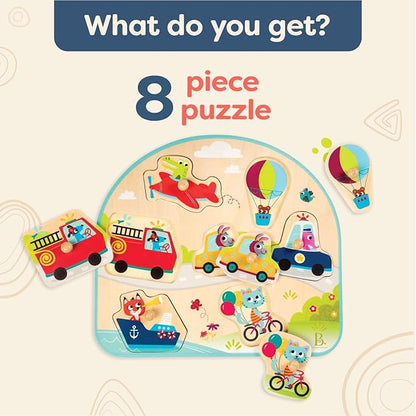 B. toys- Vehicles On The Go!- Wooden Peg Puzzle – Educational Puzzle – Vehicles Peg Puzzle for Toddlers, Kids – 7 Chunky Pieces – 18 Months +