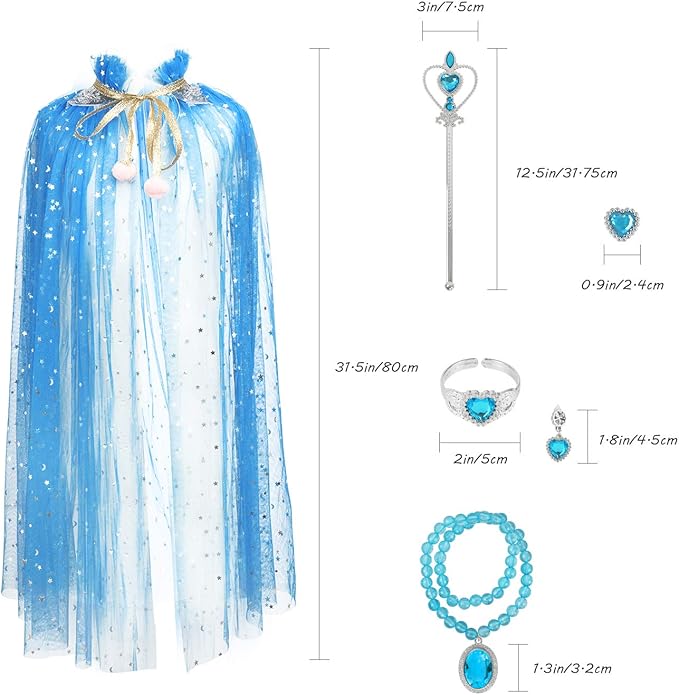 Fedio Princess Cape Set 7 Pieces Girls Princess Cloak with Tiara Crown, Wand for Little Girls Dress up (Blue)