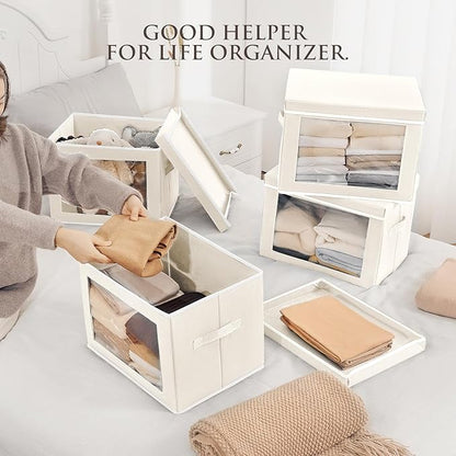 Homsorout Stackable Storage Bins with Lids - Medium Storage Box with Lids, Foldable Closet Boxes for Organizing, Wardrobe Clothes Organizer with Window, Fabric Bins for Living Room, 6 Pack, Beige