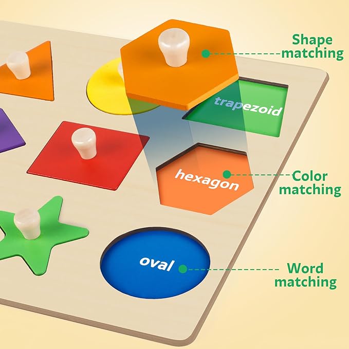 Roberly Shape Wooden Puzzles for Toddlers 1-3, Montessori Toys Peg Puzzle Geometric Color Matching Board for Girls Boys 12-18-24 Months Preschool Learning Educational Toys Birthday Gifts for Kids