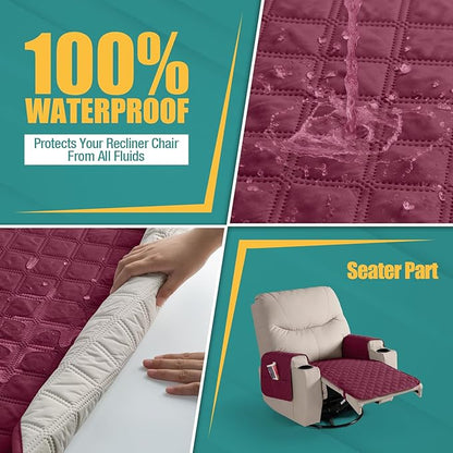 Ruaozz Waterproof Recliner Chair Covers Non Slip Chair Covers Recliner Seat Cover with Arms Washable Recliner Covers for Reclining Chair with Pocket, Covers for Recliner Chair (Wine, Small-22'')
